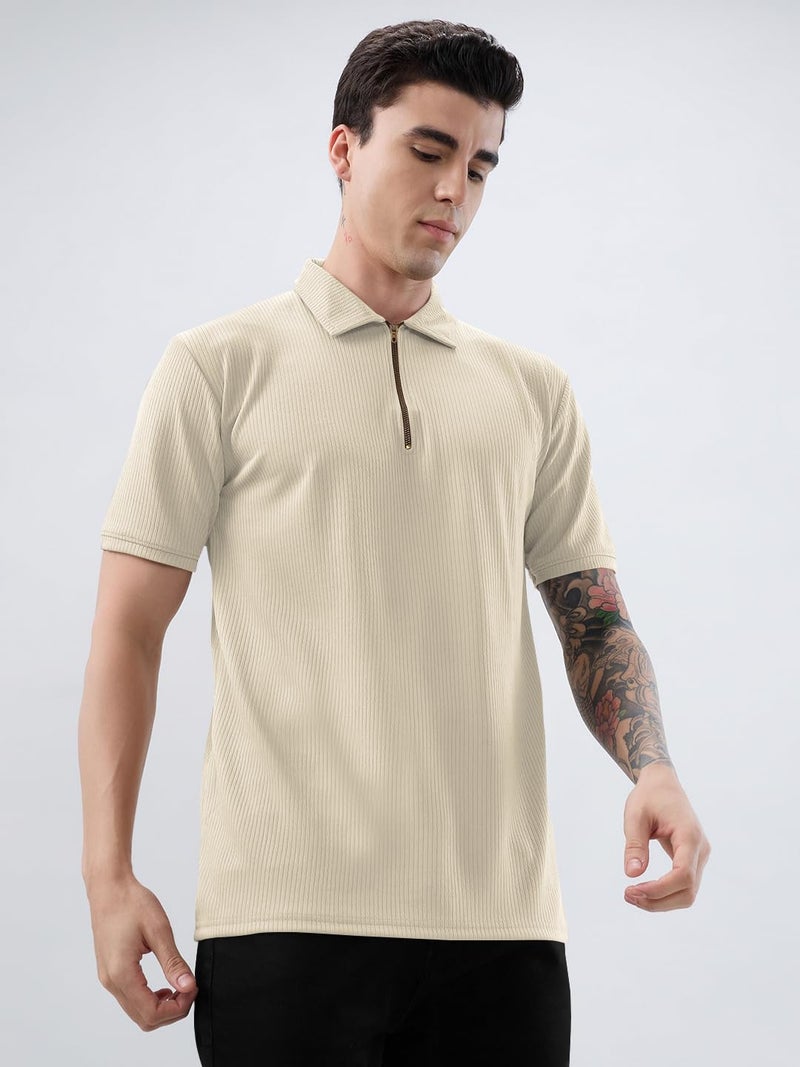 KAJARU Men's Polo T-Shirt Polyester Fabric Casual & Sportswear Off White - Image 2