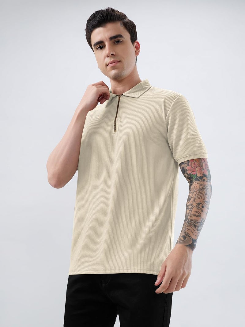 KAJARU Men's Polo T-Shirt Polyester Fabric Casual & Sportswear Off White - Image 3