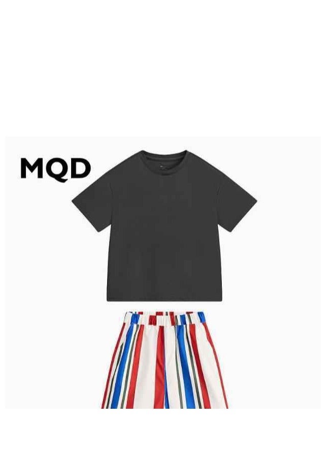MQD Children's Pattern Short Sleeved Striped Shorts Combination Two-Piece Set - Image 1