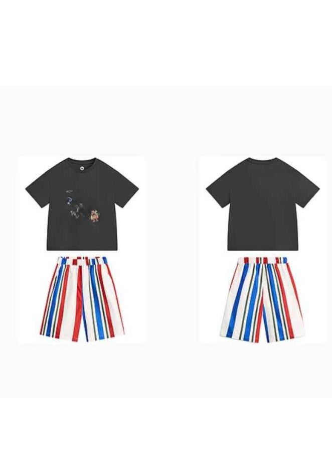 MQD Children's Pattern Short Sleeved Striped Shorts Combination Two-Piece Set - Image 5