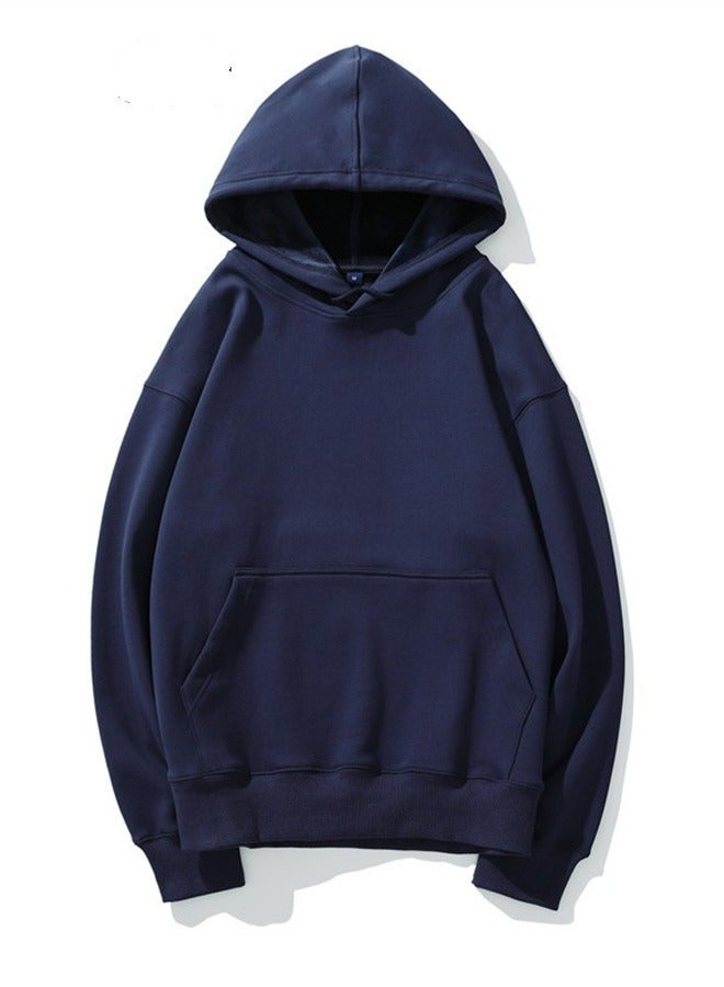Loquat Add Fleece Solid Color Hoodie Men's Hoodie Silver Fox Fleece Overalls Nave Blue