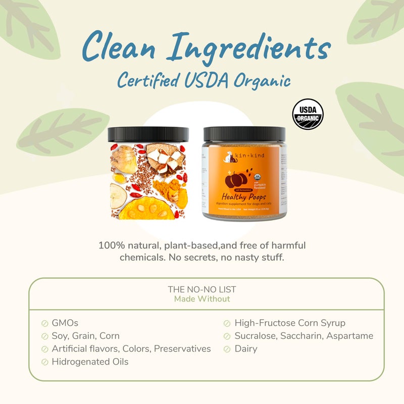kin+kind Organic Pumpkin Powder for Dogs & Cats for Healthy Poop - Made in USA - Natural Pumpkin Powder Formula w/Flax Seed, Ginger, Turmeric & Coconut - Nutritional Supplement - Large 8oz - Image 4