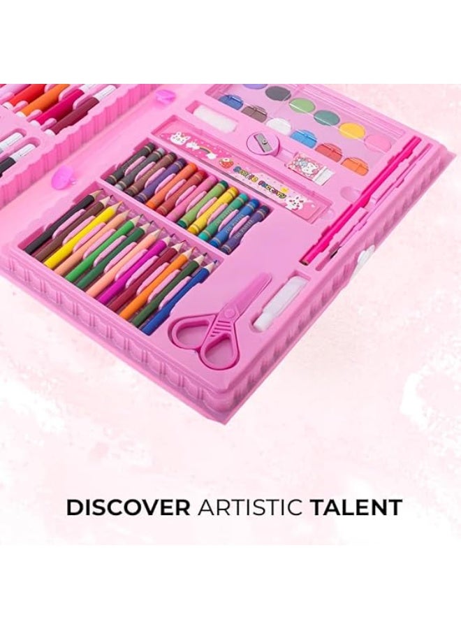 مجموعة أدوات رسم محمولة، مكونة من 86 قطعة، مع حامل ثلاثي الجوانب، وصندوق أدوات رسم مع أقلام زيتية، وأقلام تلوين، وأقلام تحديد، وفرشاة رسم، ولوحة رسم للأطفال (وردي) - Image 4