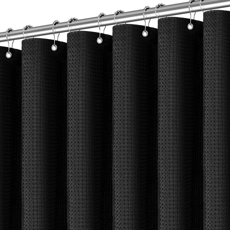 PANGSINNE Black Shower Curtain 256GSM Heavy Duty Waffle Woven Bathroom Shower Curtains, Weighted Fabric for Hotel Spa Luxury Polyester Bath Curtain with 12 Hooks, 72Wx72H - Image 1