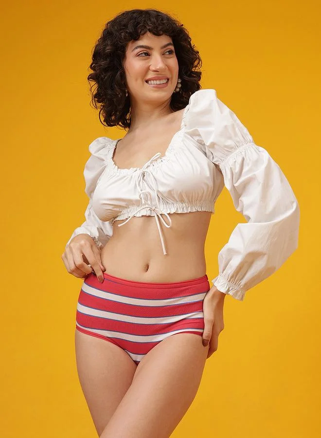 Clovia Retro Striped High Waist Hipster - Cotton