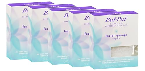 Buf-Puf Facial Sponge, Dermatologist Developed, Removes Deep Down Dirt & Makeup That Causes Breakouts and Blackheads, Reusable, Exfoliating, White, 5 Count - Image 1