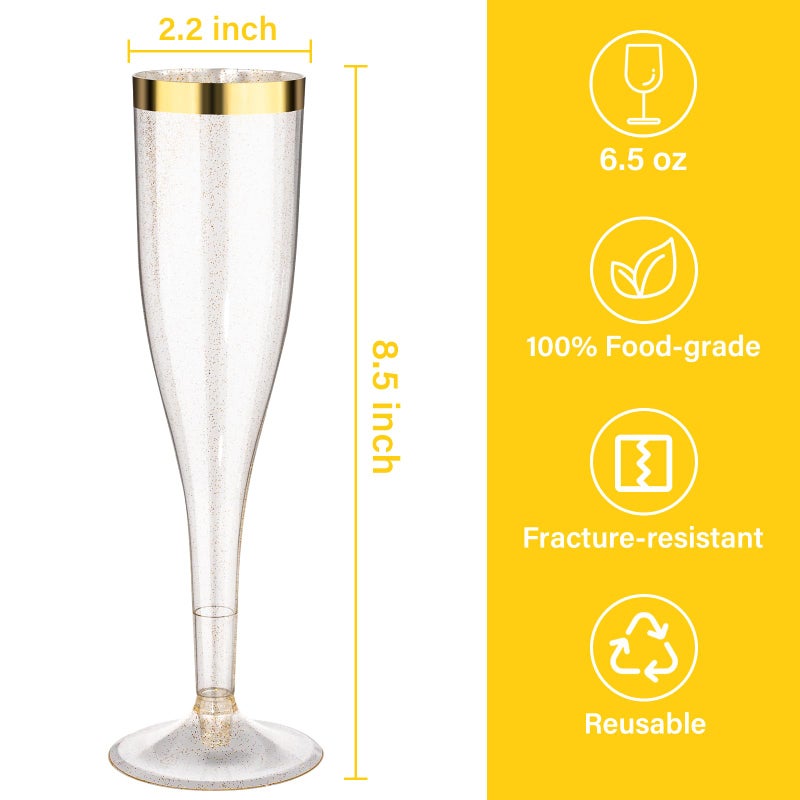 Goodluck 48 Pack 6.5 oz Plastic Gold Glitter Champagne Flutes with Gold Rim, Disposable Champagne Toasting Glasses for Wedding, Engagement, Party, Mimosa Bar - Image 2