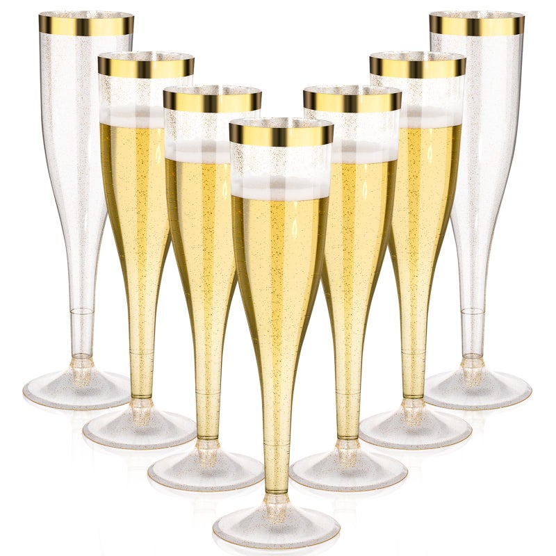 Goodluck 48 Pack 6.5 oz Plastic Gold Glitter Champagne Flutes with Gold Rim, Disposable Champagne Toasting Glasses for Wedding, Engagement, Party, Mimosa Bar - Image 1