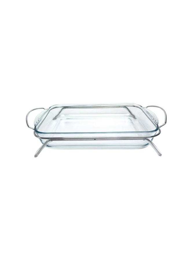 بوركام طاجن زجاجي مستطيل للفرن من بوركام وحامل فضي 40×25 سم – صنع في تركيا - Image 1