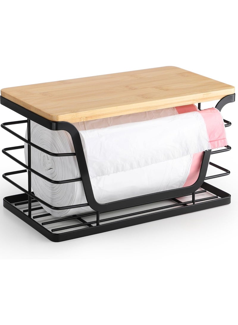 حامل أكياس البقالة الصغير، حامل أكياس قمامة من الفولاذ المقاوم للصدأ مع غطاء من الخيزران، أسود - Image 1