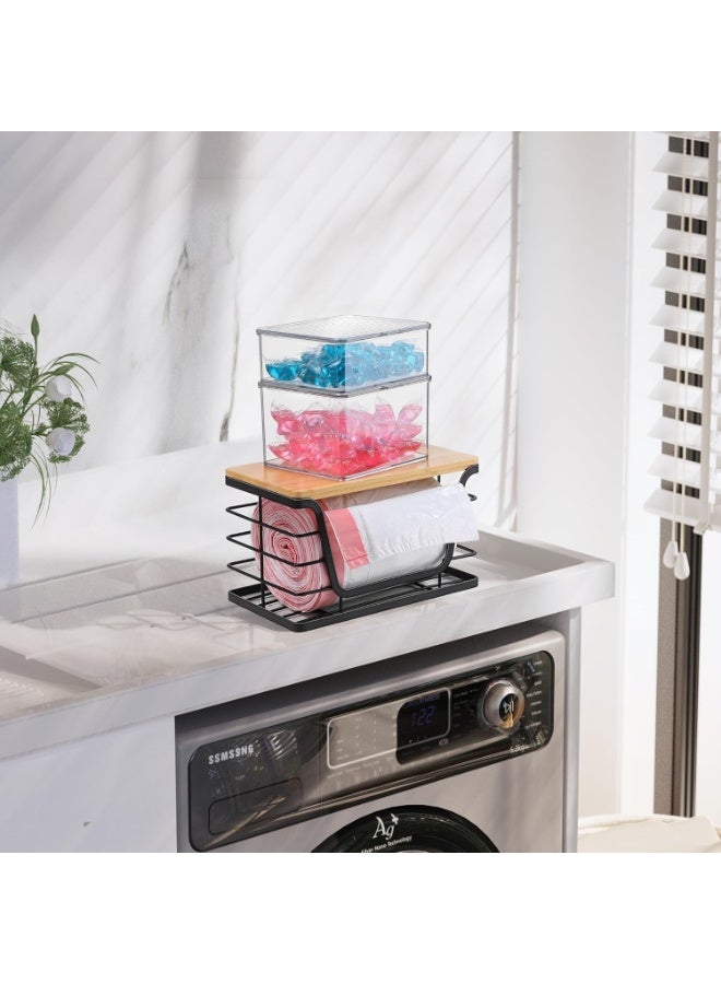 حامل أكياس البقالة الصغير، حامل أكياس قمامة من الفولاذ المقاوم للصدأ مع غطاء من الخيزران، أسود - Image 3