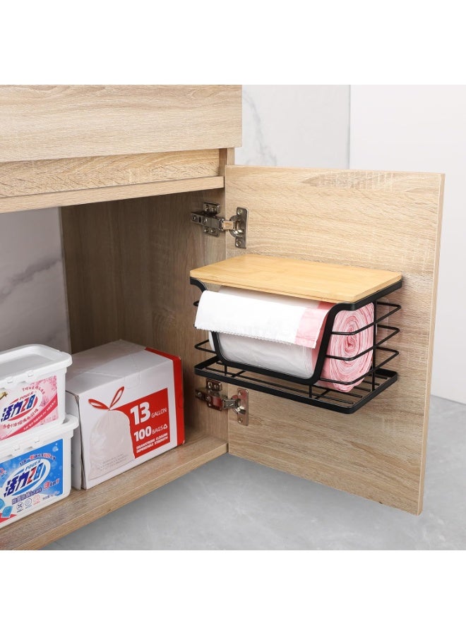 حامل أكياس البقالة الصغير، حامل أكياس قمامة من الفولاذ المقاوم للصدأ مع غطاء من الخيزران، أسود - Image 2