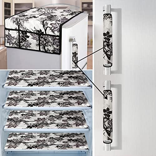E-Retailer® Exclusive Combo Set of Appliances Cover (1 Pc. of Fridge Top Cover, 2 Pc. of Refrigerator Handle Cover and 4 Pc. Of Refrigerator Mat/Fridge Shelf Mat) ( Black, Design-Floral, Set Contains- 7 Pcs) - Image 1