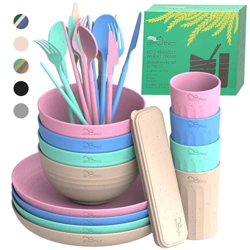 DINETHICS WheatStraw Dinnerware Sets for 4  Alternate To Plastic Dishes  Dishwasher Safe Microwave Plates  Unbreakable Dinnerware Set  Wheat Straw Dishes  Lightweight Camping Plates  RV Dishes