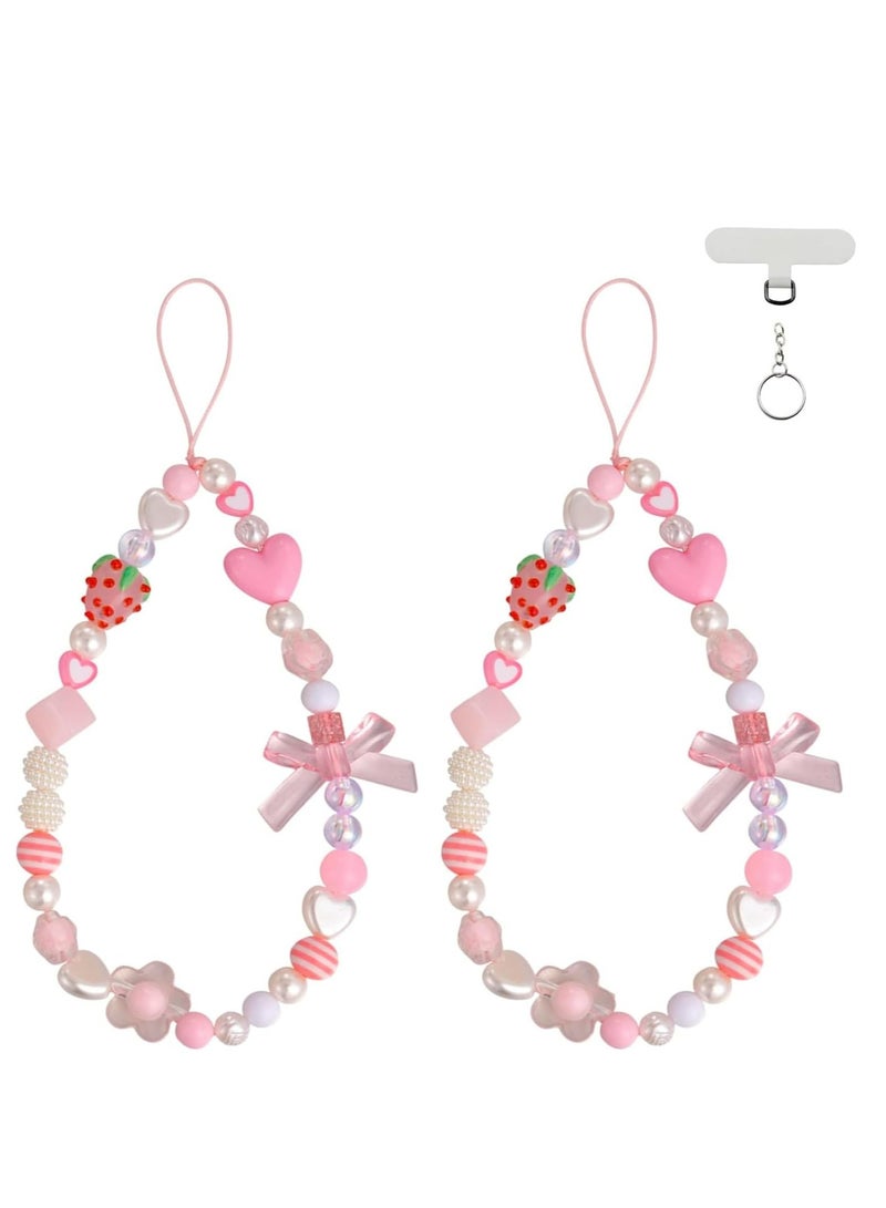 أوزيغالور حلية هاتف باللونين الوردي والأبيض مطرزة بالخرز كاواي فراولة مع عقدة قلب، حزام جمالي لحافظة الهاتف. - Image 1