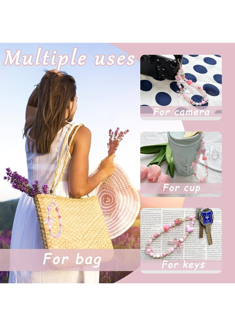 أوزيغالور حلية هاتف باللونين الوردي والأبيض مطرزة بالخرز كاواي فراولة مع عقدة قلب، حزام جمالي لحافظة الهاتف. - Image 2