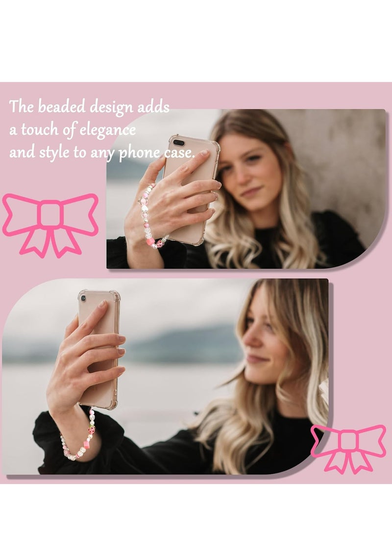 أوزيغالور حلية هاتف باللونين الوردي والأبيض مطرزة بالخرز كاواي فراولة مع عقدة قلب، حزام جمالي لحافظة الهاتف. - Image 3