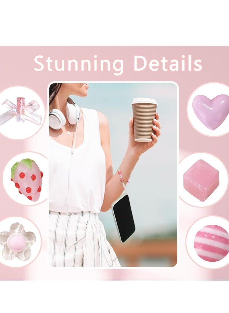 أوزيغالور حلية هاتف باللونين الوردي والأبيض مطرزة بالخرز كاواي فراولة مع عقدة قلب، حزام جمالي لحافظة الهاتف. - Image 4