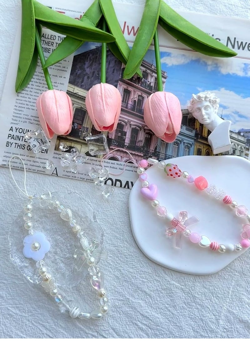 أوزيغالور حلية هاتف باللونين الوردي والأبيض مطرزة بالخرز كاواي فراولة مع عقدة قلب، حزام جمالي لحافظة الهاتف. - Image 5