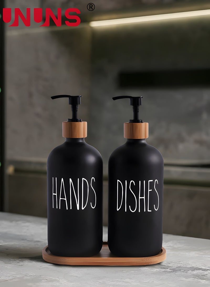 UNUNS Soap Dispenser Set,2PCS 500ml/17oz Hand Soap And Dish Soap Dispenser With Bamboo Tray,Soap Dispenser For Kitchen Sink And Bathroom(Matte Black)  - Image 1