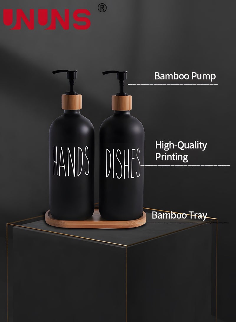 UNUNS Soap Dispenser Set,2PCS 500ml/17oz Hand Soap And Dish Soap Dispenser With Bamboo Tray,Soap Dispenser For Kitchen Sink And Bathroom(Matte Black)  - Image 5