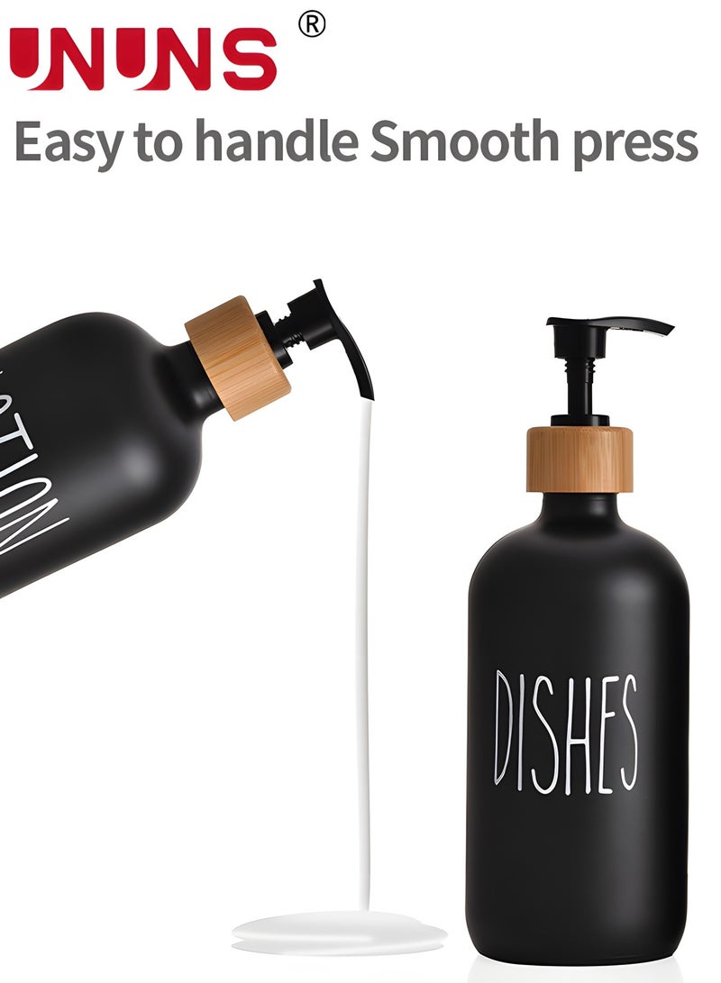 UNUNS Soap Dispenser Set,2PCS 500ml/17oz Hand Soap And Dish Soap Dispenser With Bamboo Tray,Soap Dispenser For Kitchen Sink And Bathroom(Matte Black)  - Image 2