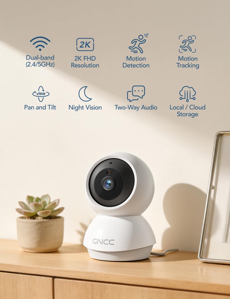GNCC 2K WiFi Cameras for Home Security, Security Camera Indoor, Baby/Pet Camera with Phone App, 2.4/5GHz, Motion Detector, Night Vision, 2-Way Audio, SD/Cloud Storage, Works with Alexa & Google Home - Image 2