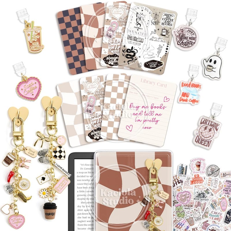 KACIOLA STUDIO 8PCS Inserts Set for E-reader, 6 Type C Charms and 2 Charm Chain with 50PCS Stickers for E-reader, 6.9"x4.8" Insert Coffee Theme for Paper White11th/12th, Gifts for Booklovers - Image 1
