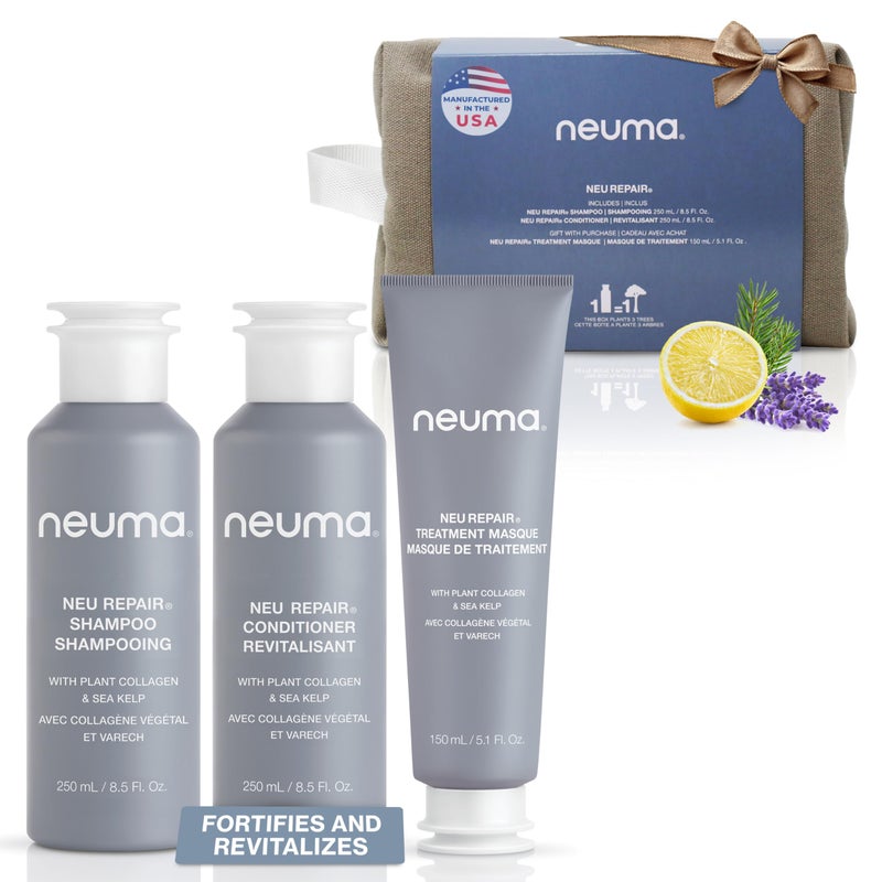 NEUMA Neu Repair Holiday Gift Set â€” Neu Repair Shampoo (8.5 Fl. Oz.), Neu Repair Conditioner (8.5 Fl. Oz.), and Repair Treatment Masque (5.1 Fl. Oz.) â€” Hair Repair Treatment for Damaged Hair - Image 1