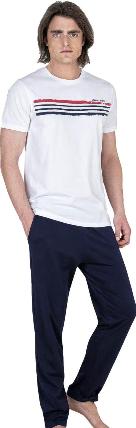 pierre cardin Crew Neck Short Sleeve Full Mold Men's Pajama Set, 100% Cotton, Pockets  - Image 1