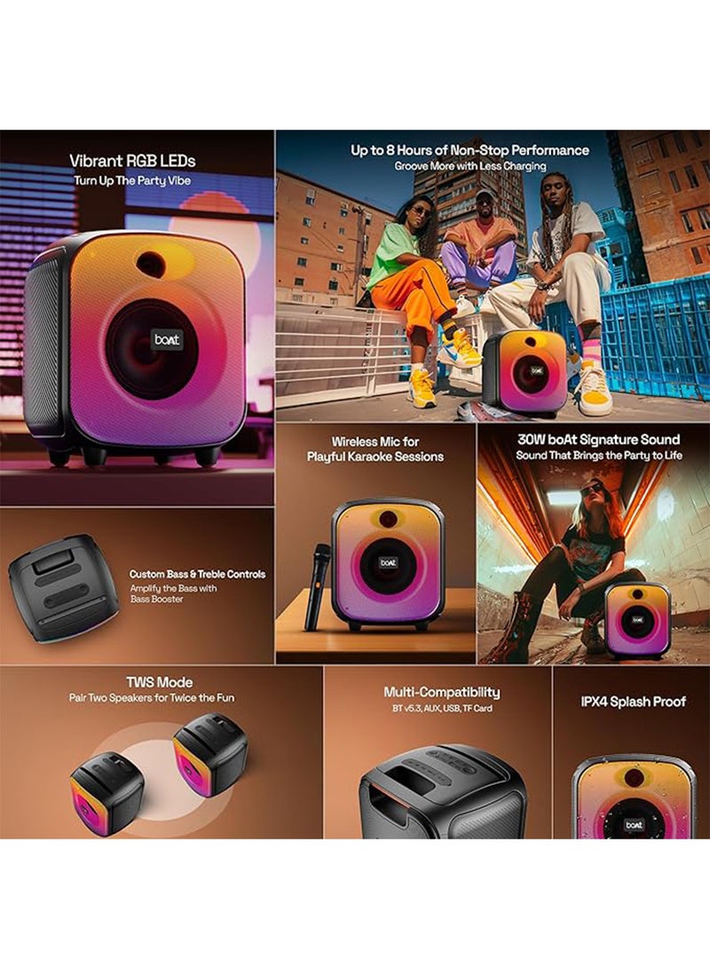 بوات سماعة بلوتوث PartyPal 63 Pro بقوة 30 واط وصوت مميز، كاريوكي مع ميكروفون، إضاءة RGB قابلة للتخصيص، ميكروفون لاسلكي، حتى 8 ساعات من التشغيل، BTv5.3، وضع TWS، تعزيز الجهير، AUX ومنفذ - - Image 2