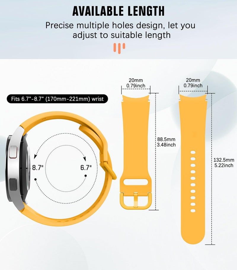 MoKo No Gap Band Compatible with Samsung Galaxy Watch 7 6 5 4 FE Band 40mm 44mm/Watch 5 Pro 45mm/6 4 Classic 43mm 47mm 42mm 46mm, 20mm Soft Silicone Sport Strap for Women Men, Yellow - Image 3