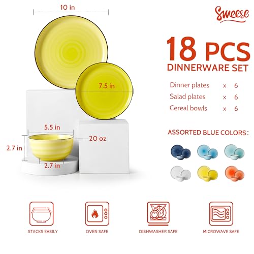 Sweese Plates and Bowls Sets, 18 Piece Dinnerware Set Porcelain Round Dinner Set for 6, Scratch Resistant Dishes Set, Dishwasher Oven Microwave Safe Handpainted Swirl Dishware Sets, Assorted Colors - Image 2