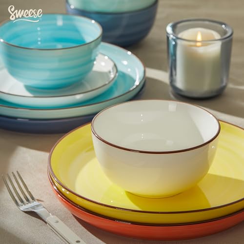 Sweese Plates and Bowls Sets, 18 Piece Dinnerware Set Porcelain Round Dinner Set for 6, Scratch Resistant Dishes Set, Dishwasher Oven Microwave Safe Handpainted Swirl Dishware Sets, Assorted Colors - Image 5