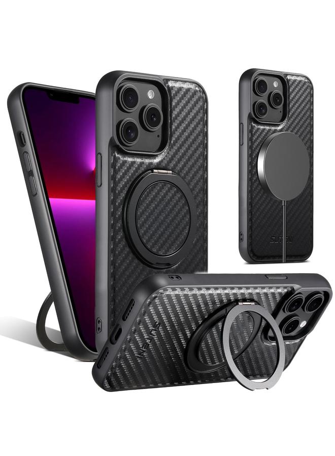 Suteni Case For iPhone 13 Pro Max G3 Carbon Fiber Leather 360 Rotation Holder MagSafe Phone Case - Image 1