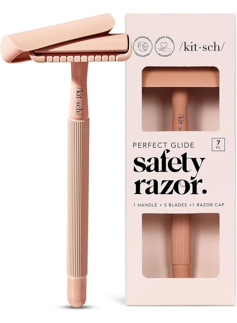 Kitsch Perfect Glide Safety Razor - Metal Handle & Stainless Steel One Blade Razor with 5 Supply Safety Razor Blade & 1 Razor Cap No Drag Single Blade Razors for Women Reusable Razor for Women - Image 1