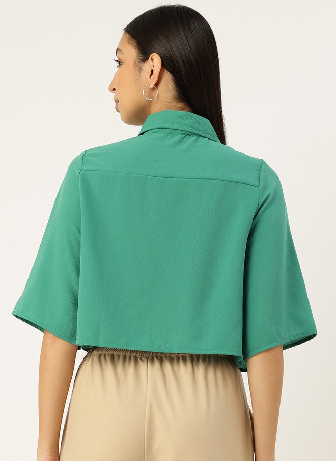 Rue Collection Green Flared Sleeves Crop Top for Women - Image 4