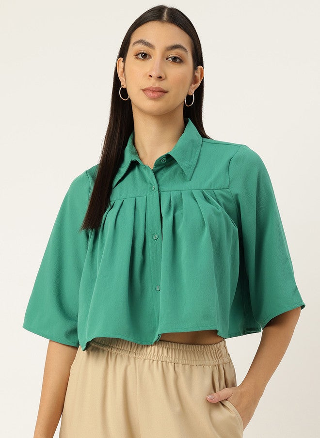 Rue Collection Green Flared Sleeves Crop Top for Women - Image 1
