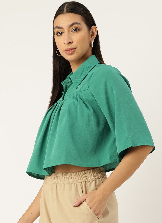 Rue Collection Green Flared Sleeves Crop Top for Women - Image 3