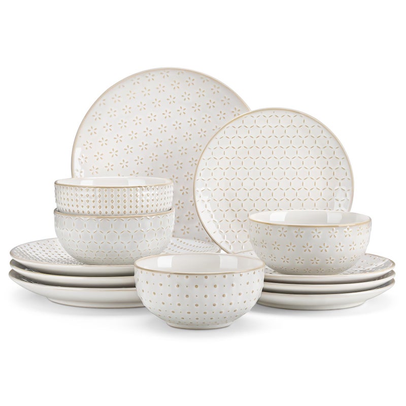 MALACASA 12 Pieces Dinnerware Sets, Modern Relief Design Plates and Bowls Sets, White Dish Set for 4, Kitchen Ceramic Dinner Plates Dishware Set, Microwave and Dishwasher Safe, Series LYDIA - Image 1
