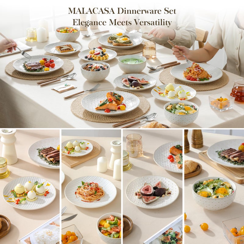 MALACASA 12 Pieces Dinnerware Sets, Modern Relief Design Plates and Bowls Sets, White Dish Set for 4, Kitchen Ceramic Dinner Plates Dishware Set, Microwave and Dishwasher Safe, Series LYDIA - Image 3