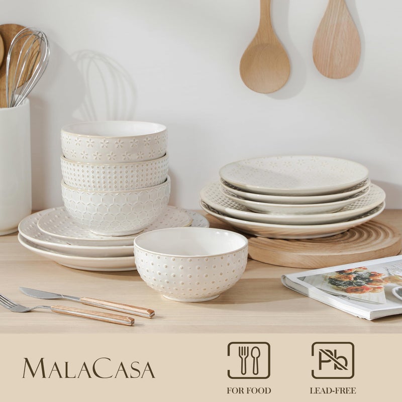 MALACASA 12 Pieces Dinnerware Sets, Modern Relief Design Plates and Bowls Sets, White Dish Set for 4, Kitchen Ceramic Dinner Plates Dishware Set, Microwave and Dishwasher Safe, Series LYDIA - Image 4