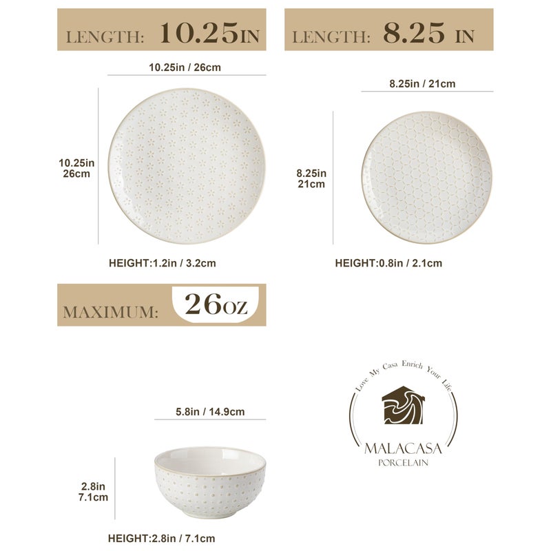 MALACASA 12 Pieces Dinnerware Sets, Modern Relief Design Plates and Bowls Sets, White Dish Set for 4, Kitchen Ceramic Dinner Plates Dishware Set, Microwave and Dishwasher Safe, Series LYDIA - Image 2