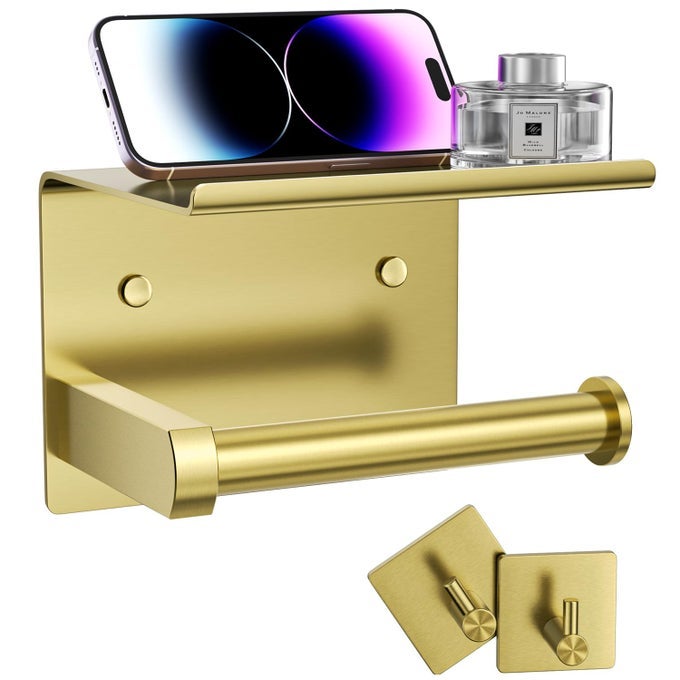 TOILET PAPER HOLDER WITH PHONE SHELF TOWEL ROBE HOOKS ADHESIVE OR SCREW WALL MOUNTED TOILET PAPER ROLL STORAGE DISPENSER STAINLESS STEEL BATHROOM TISSUE ROLL HOLDER BRUSHED GOLD