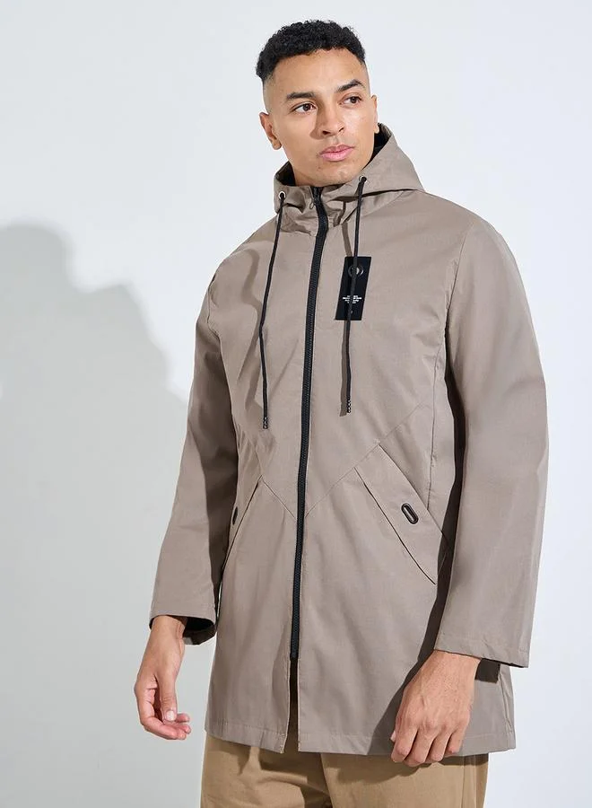 Styli  Khaki Hooded Regular Fit Utility Trench Coat with Zip Closure for Men | Best Price UAE