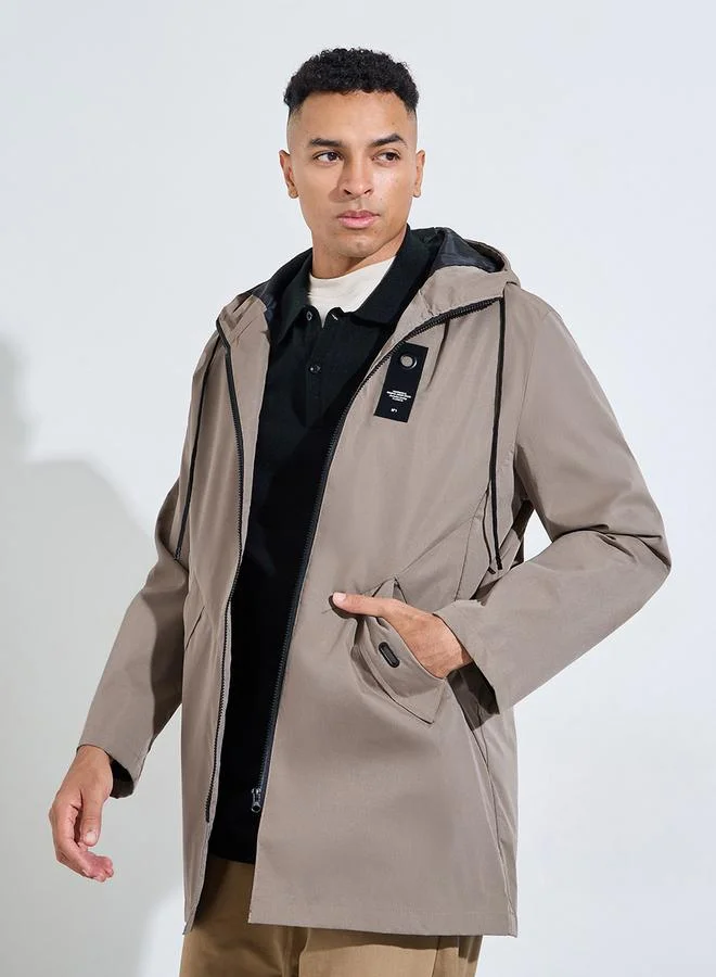 ستايلي Khaki Hooded Regular Fit Utility Trench Coat with Zip Closure