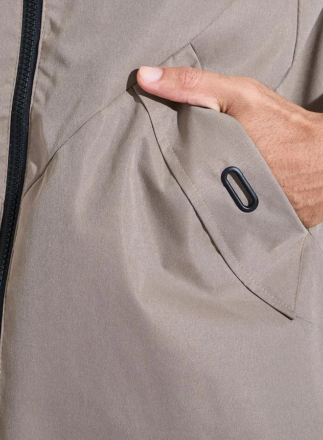 Styli  Khaki Hooded Regular Fit Utility Trench Coat with Zip Closure for Men | Best Price UAE