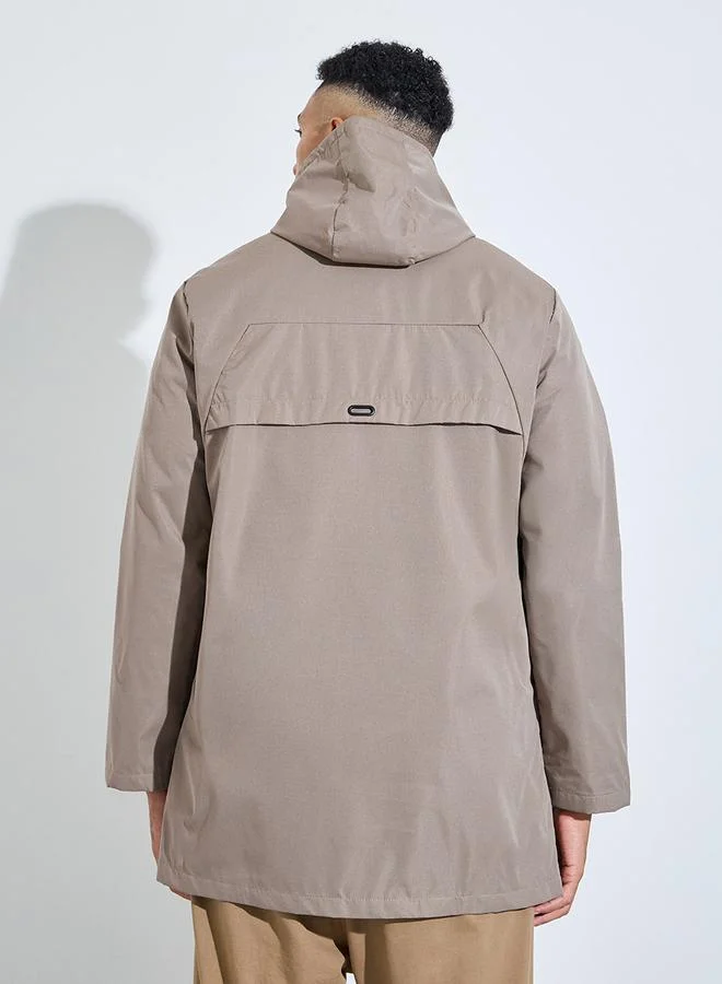 Styli  Khaki Hooded Regular Fit Utility Trench Coat with Zip Closure for Men | Best Price UAE