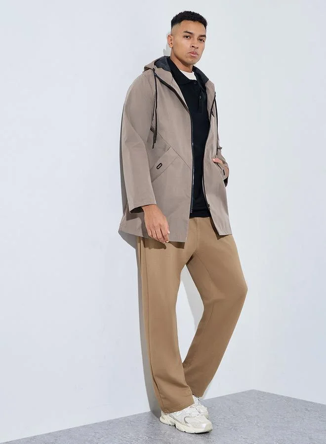 ستايلي Khaki Hooded Regular Fit Utility Trench Coat with Zip Closure