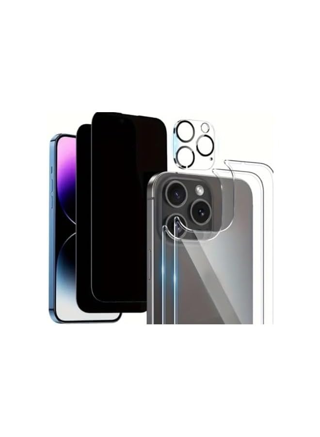 PROMASS [5 In 1] Privacy Screen Protector, Back Protector And Camera Lens Protector For iPhone 14, 15, Plus, Pro, Pro Max, Tempered Glass, [2+2+1 Packs] (iPhone 15 Plus) - Image 1